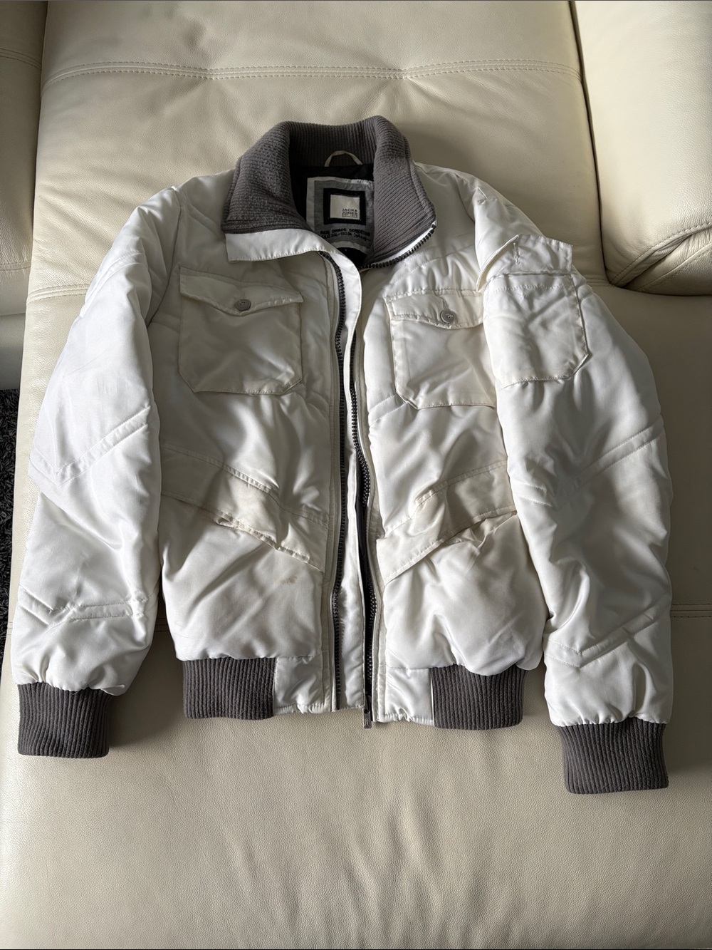 Jack and Jones White Puffer Jacket with Gray Trim